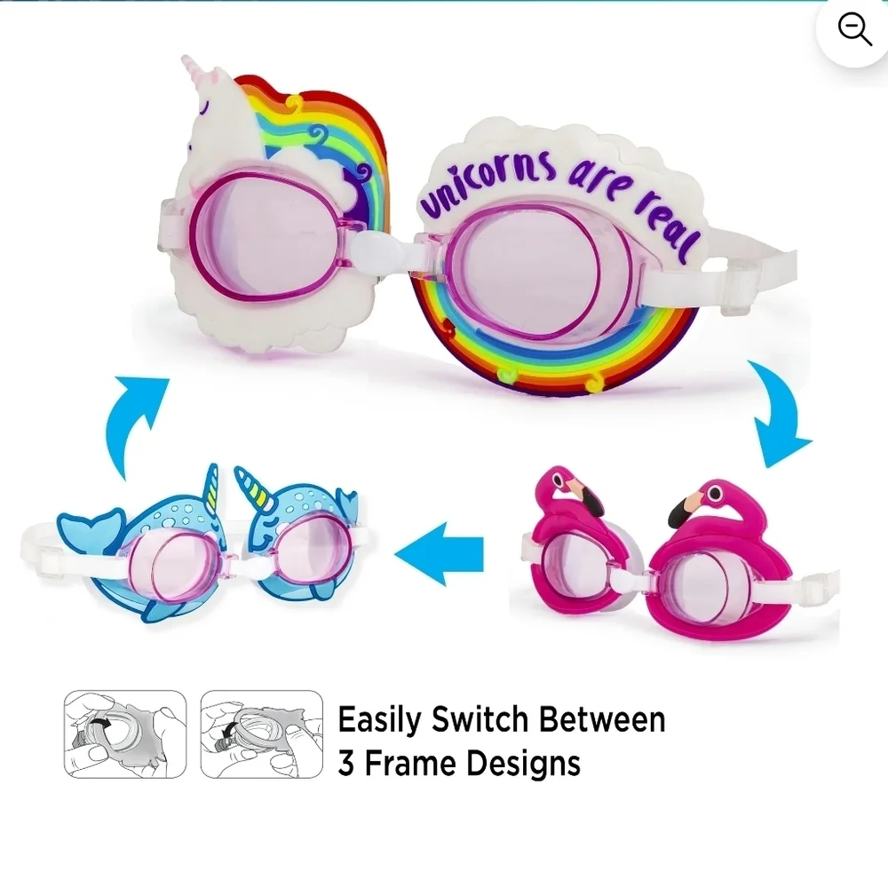 Set Of 2 Dolfin Kids Unicorn and Shark 3-in-1 Swim Goggles - Pink, Blue, Black
